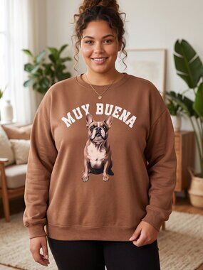 NWOT Oversized Brown French Bulldog Muy Buena Graphic Fleece Pullover Top Large